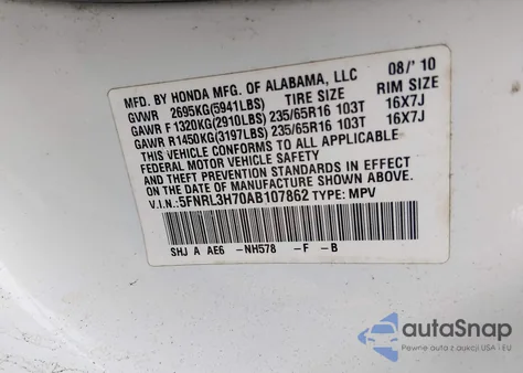 2010 Honda Odyssey Ex-L z USA, uszkodzony, nr VIN 5FNRL3H70AB107862